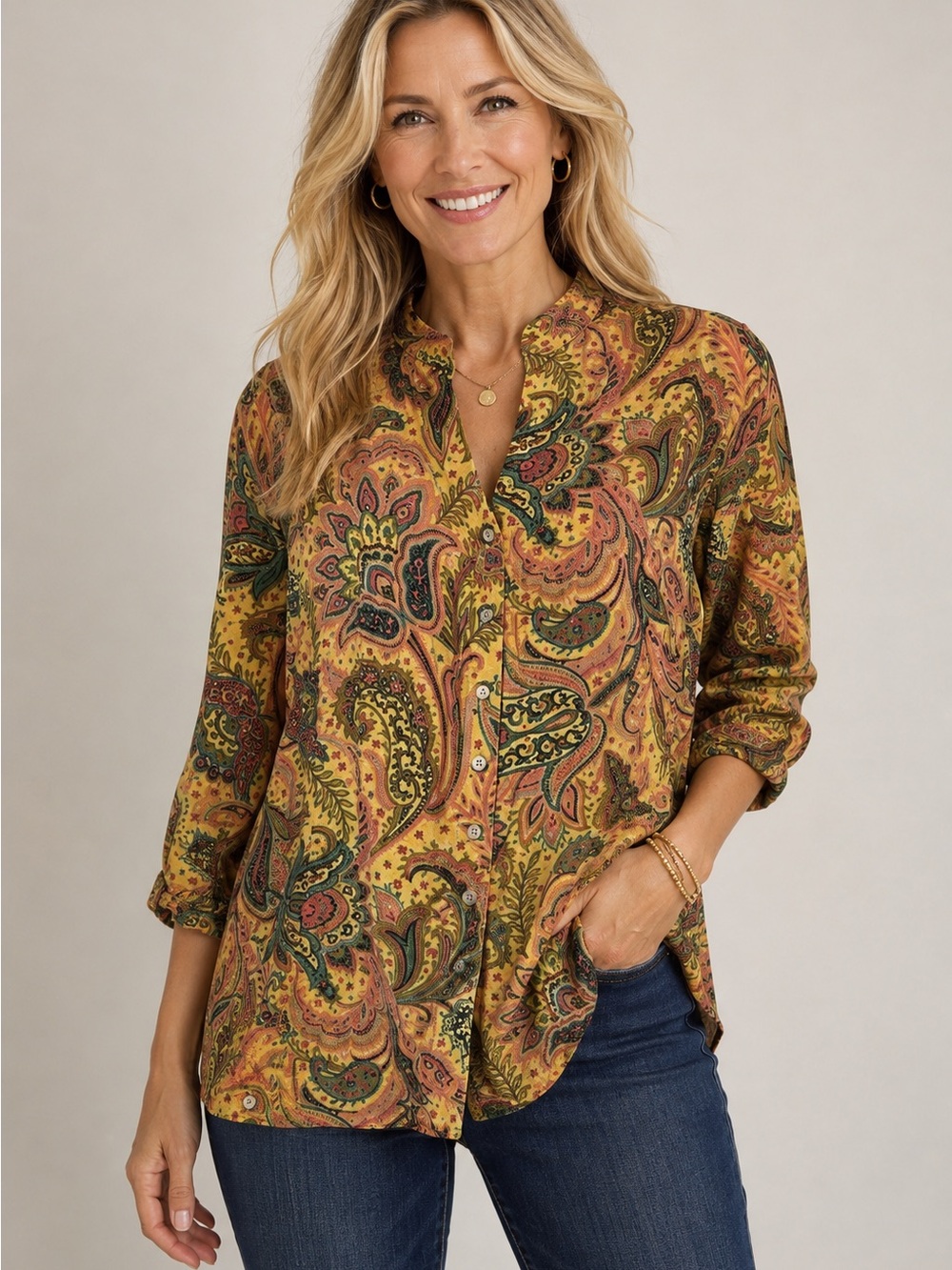 TIANELLO Womens Yellow Paisley Floral Print Blouse Top-Size Small-EUC